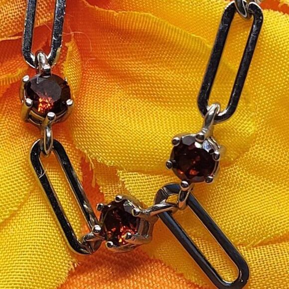 New, Stamped, Simulated Garnet Red Diamond, Paper Clip, Chain Station Neclace - Picture 2 of 8